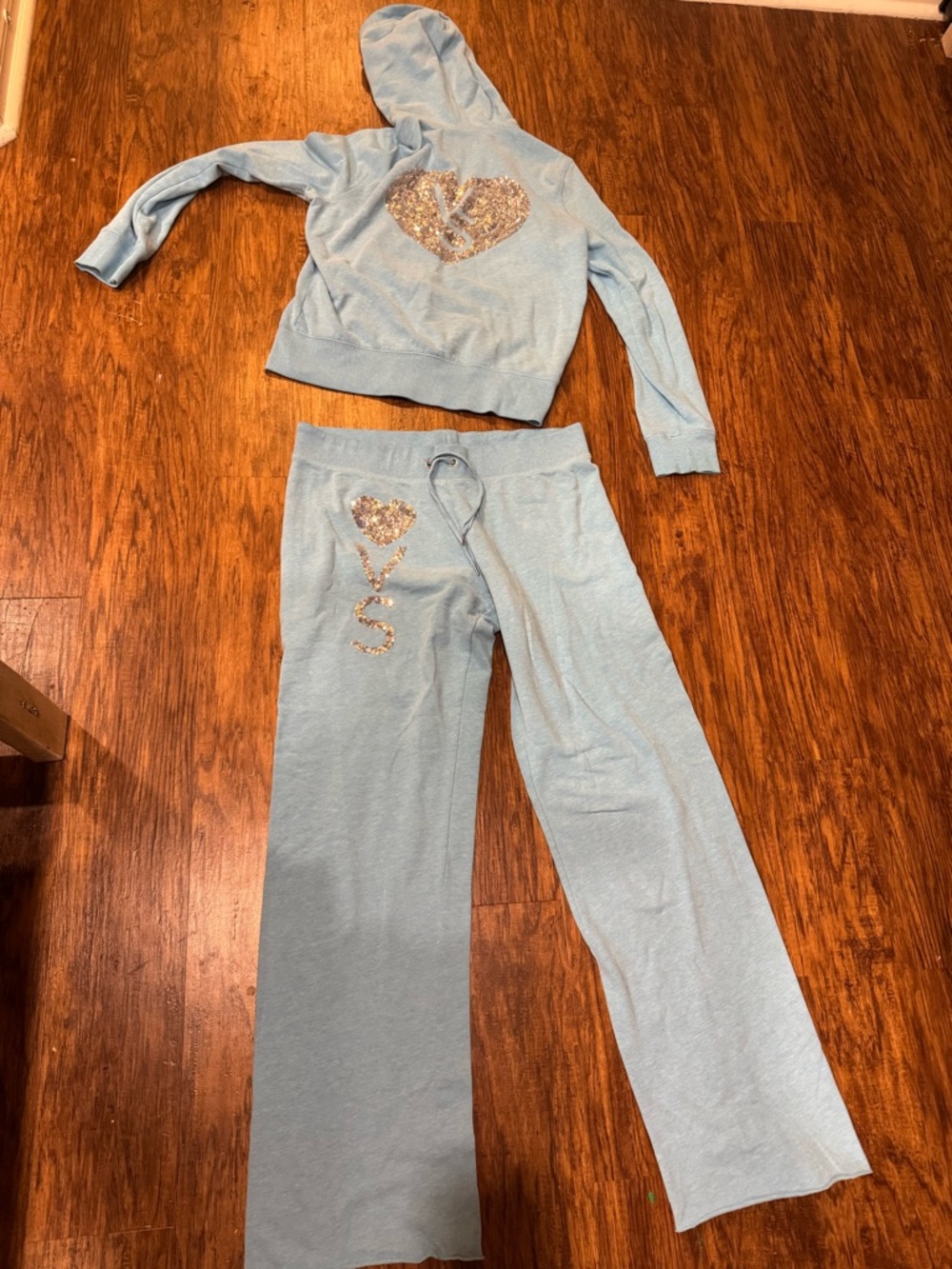 Victoria's Secret Light Blue Girls' Hoodie & Jogger Pajama Set with Sequin Heart